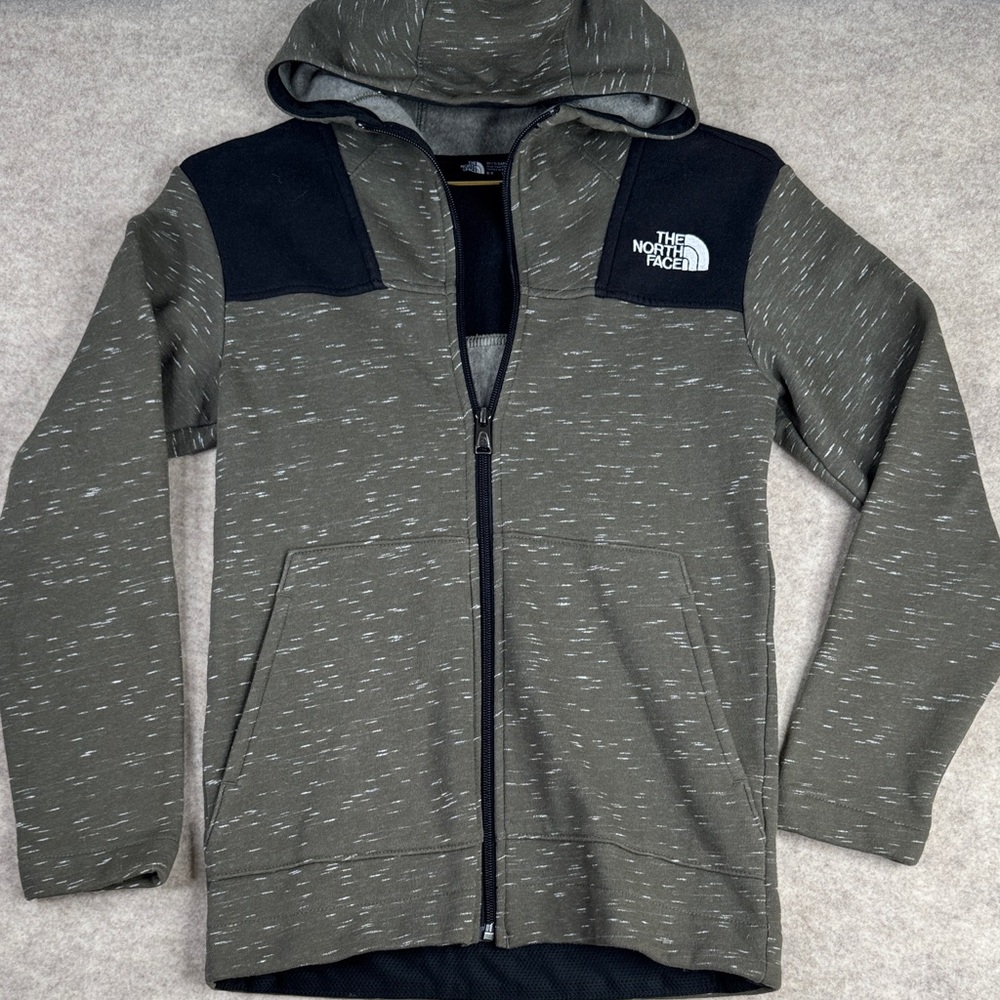 The North Face Olive Green Speckled Zip Hoodie with Black Shoulder Patch